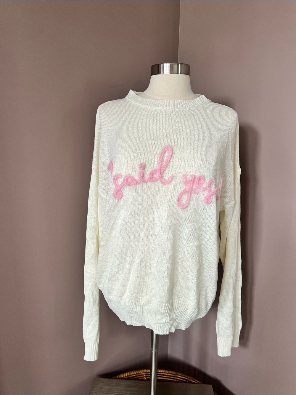 Le Lis “I said yes” Cream Crewneck Sweater with Pink Script